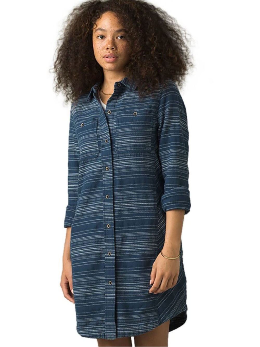 prAna Dyri Button Front Shirt Dress Large Blue Striped Organic Cotton